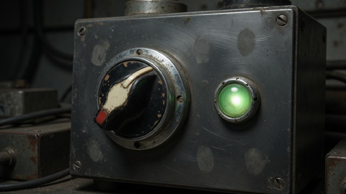 A rotary selector switch on a dark steel panel, set between its stops, one green lamp lit.